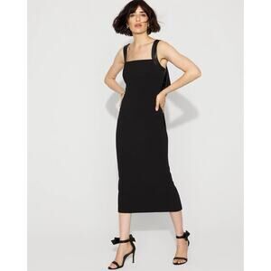 NWT WHBM Women's Crepe Faux Leather Bow MIDI Dress Black Size 14 Sleeveless New